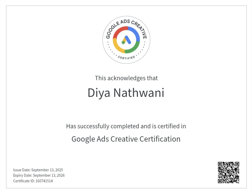 Google Ads Creative Certification — Diya Nathwani, Sept 2025