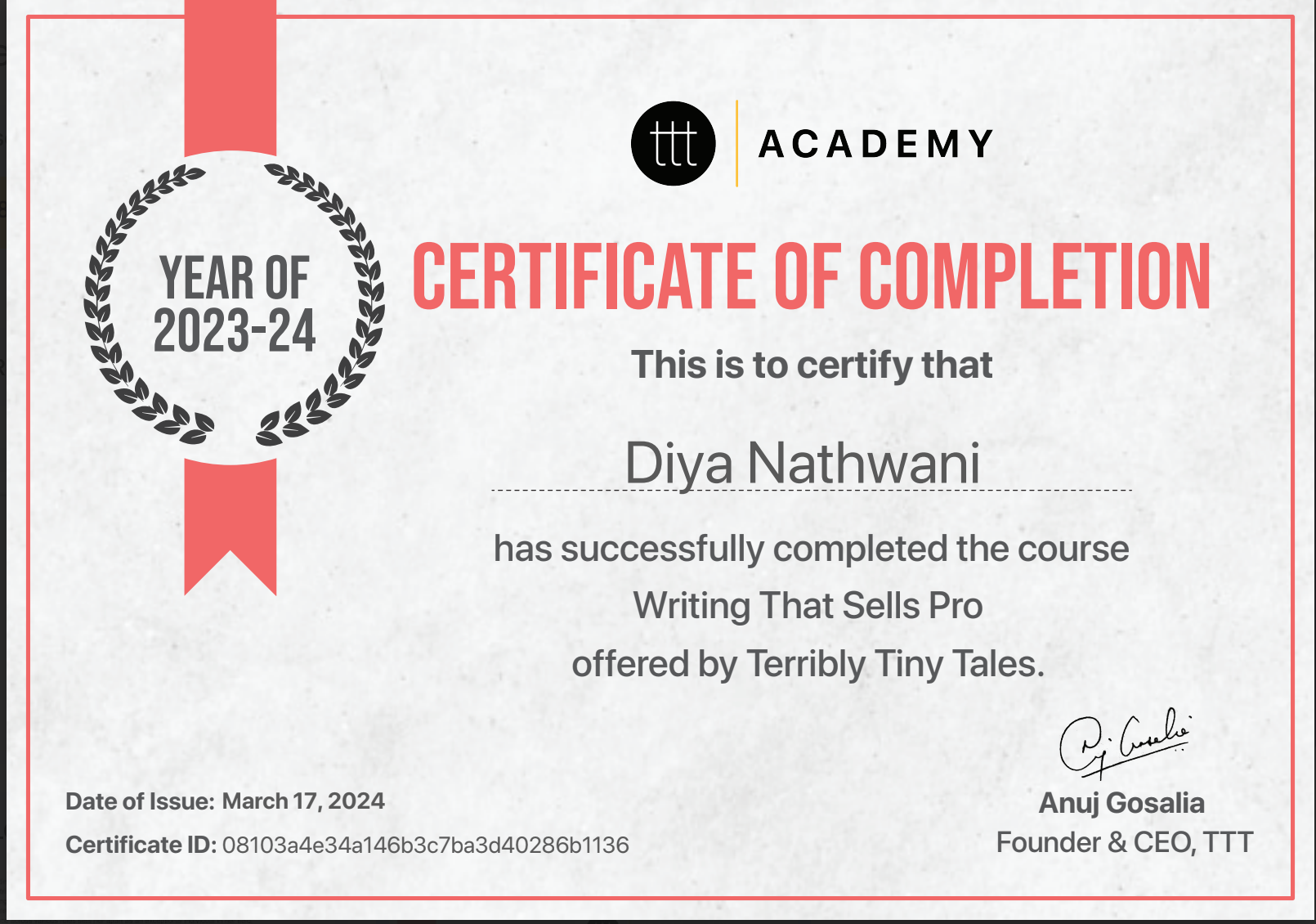 Certificate: Writing That Sells Pro — TTT Academy, Diya Nathwani, March 2024